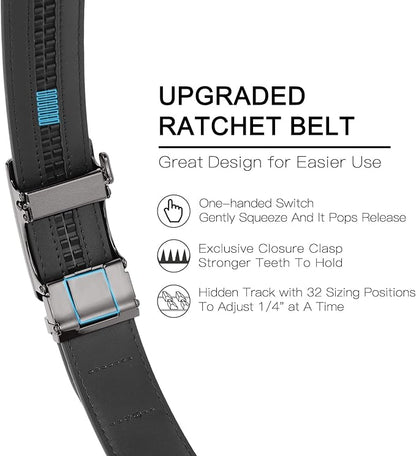 SENDEFN Leather Belt for Men Automatic Ratchet Buckle Slide Dress Casual Belts 1 3/8'' Wide Adjustable Trim to Fit(Black-20)