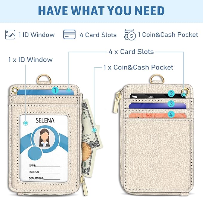 Piefly Lanyard Wallet with ID Badge Holder, Small RFID Credit Card Holder Women Keychain Wristlet, Slim Card Organizer with Zipper Pocket Phone Lanyard Wrist Strap Name Tag Woman Office Teacher Gift