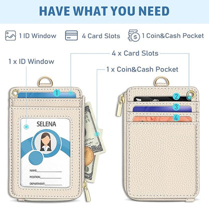 Piefly Lanyard Wallet with ID Badge Holder, Small RFID Credit Card Holder Women Keychain Wristlet, Slim Card Organizer with Zipper Pocket Phone Lanyard Wrist Strap Name Tag Woman Office Teacher Gift