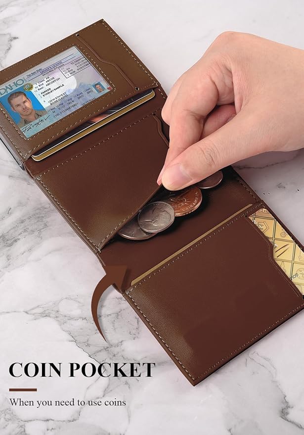 Pop Up Wallet for Men, Leather & Aluminum-Trifold Wallet for Men, Holds 12 Cards,20 Bills,Coins, ID Window, Functional & Minimalist Wallet, RFID Wallet for Men, Brown