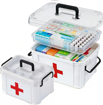 2 Pack Clear Medicine Organizer Box with Handle, Plastic Medicine Container with Tray First Aid Box Empty, Thickened Medicine Storage Organizer Multipurpose Medication Organizer Storage, White