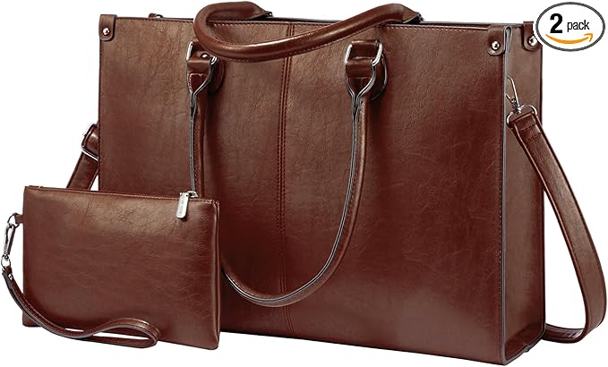 LOVEVOOK Laptop Tote Bag for Women, 15.6 Inch Large Capacity Vintage Leather Work Computer Bag, Business Casual Shoulder Handbag, Chestnut Brown