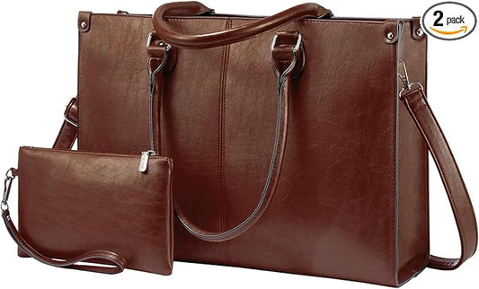 LOVEVOOK Laptop Tote Bag for Women, 15.6 Inch Large Capacity Vintage Leather Work Computer Bag, Business Casual Shoulder Handbag, Chestnut Brown