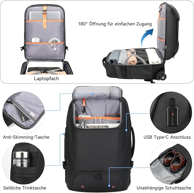 Rolling Backpack,travel backpack with wheels,Water Resistant carry on luggage with USB C Ports,Anti-Theft,wheeled backpack for travel,Business and Commuting