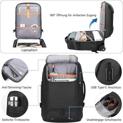 Rolling Backpack,travel backpack with wheels,Water Resistant carry on luggage with USB C Ports,Anti-Theft,wheeled backpack for travel,Business and Commuting