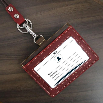Badge Holder: Boshiho Cowhide Leather ID Badge Card Holder with 19" Neck Lanyard, Horizontal Style (Red)