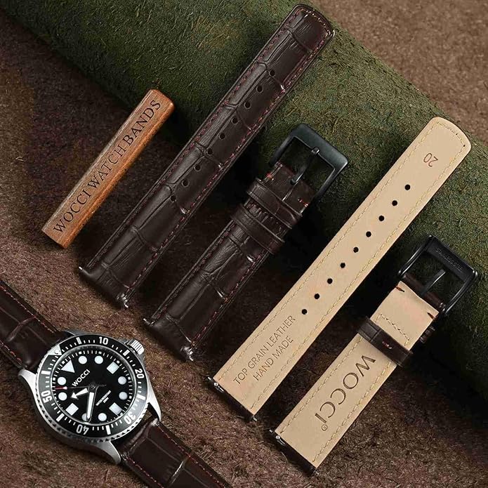WOCCI Watch Bands, Top Grain Leather, Embossed Alligator Grain, Quick Release, Band Width 18mm 20mm 22mm