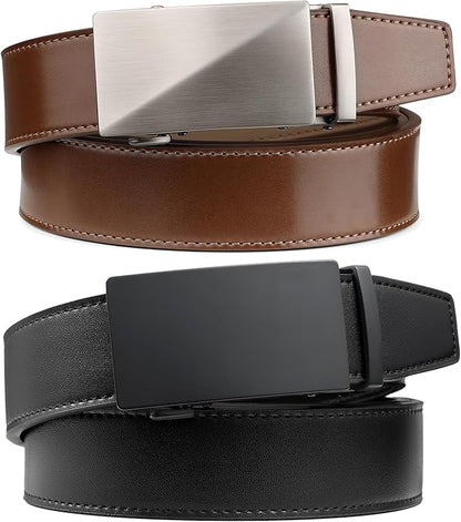 Founders & C Mens Belt 2 Pack,Leather Ratchet Click Belt Dress with Slide Buckle 1 3/8" in Gift Set Box- Size Adjustable