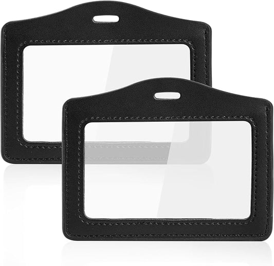2 Pack Genuine Leather ID Badge Holders, Horizontal ID Card Holders with Single-Side Clear Window, Waterproof Name Badge Holde Suit for Office, Staff, Students, Employees (Black&Black)