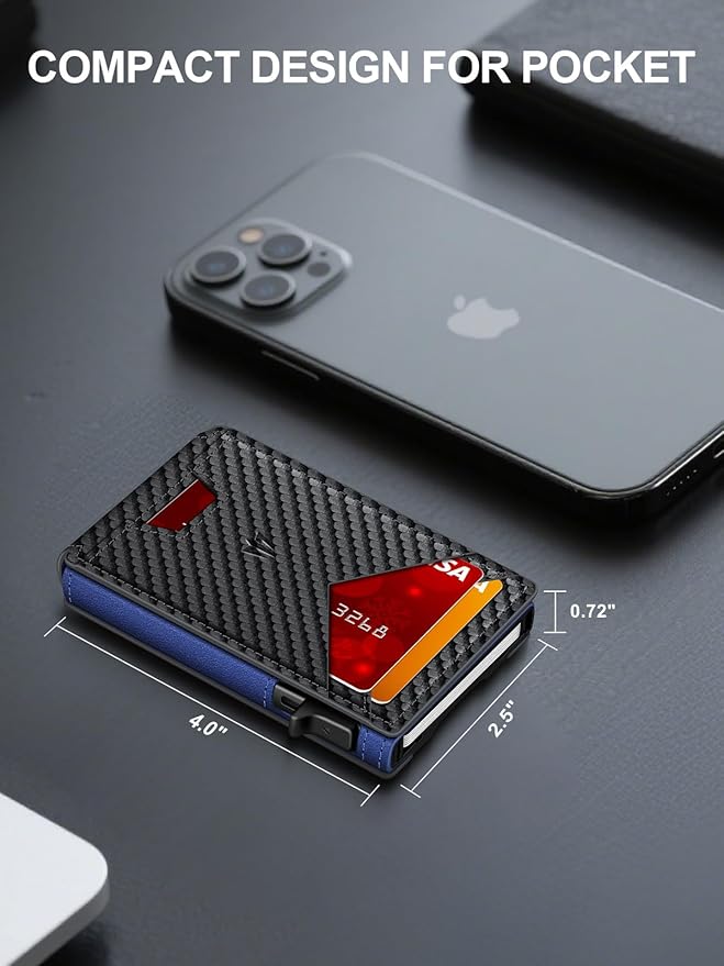 Wallet for Men, Slim Minimalist Wallet with Money Clip＆ID Window, RFID Blocking Pop-Up Credit Card Holder, Smart Auminum Mens Wallet Holds 9-13 Cards (Gift Box) (Carbon Fiber & Blue)
