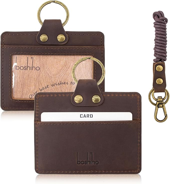 Badge Holder: Boshiho Cowhide Leather ID Badge Card Holder with 19" Neck Lanyard, Horizontal Style (Dark Brown)