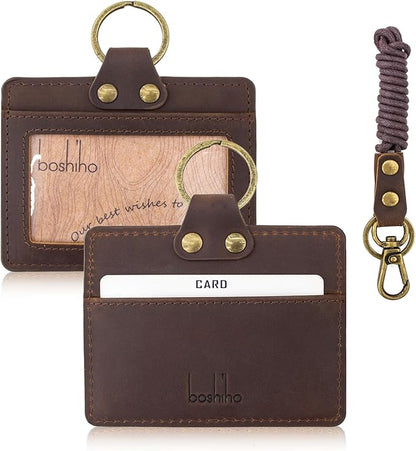 Badge Holder: Boshiho Cowhide Leather ID Badge Card Holder with 19" Neck Lanyard, Horizontal Style (Dark Brown)