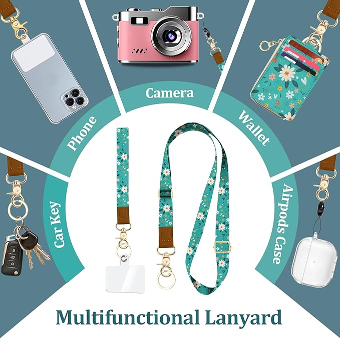 Lanyard Wallet, PU Leather Flower Lanyards for ID Badges, RFID Blocking, Detachable Phone Lanyard Keychain Wristlet Wallet, ID Badge Holder with Zipper Pocket for Office School Business