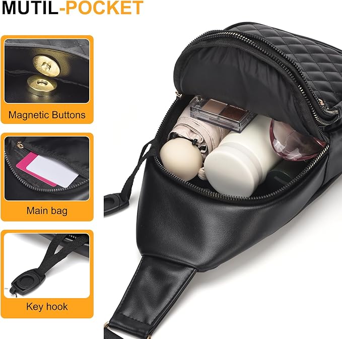 Crossbody Bags for Women Men,Leather Sling Bag Cross Body Backpack for Women, Casual Chest Bag Daypack for Travel Hiking,Black