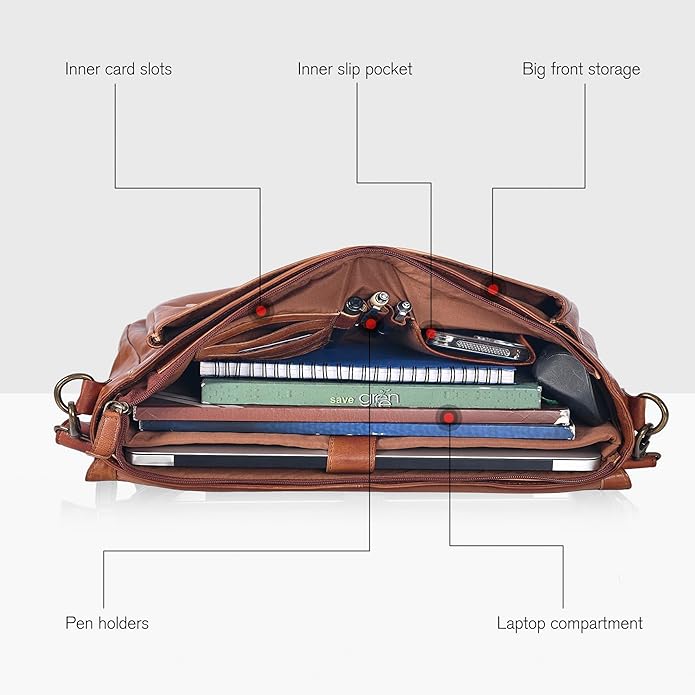 Oak Leathers Leather Messenger Bag for Men and Women - Laptop Briefcase Bag For College, Office, Adjustable Shoulder Strap