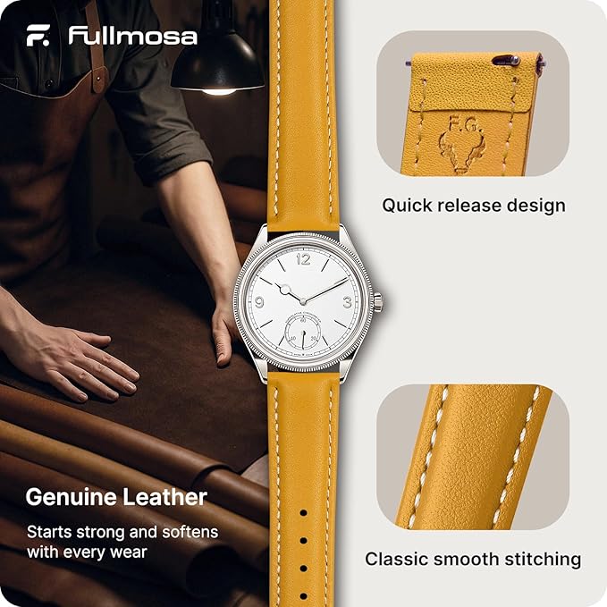 Fullmosa Watch Straps 20mm, Axus Series Leather Strap Replacement Watch Strap with Stainless Steel Metal Clasp for Men Women 14/16/18/20/22/24mm, Yellow 20mm