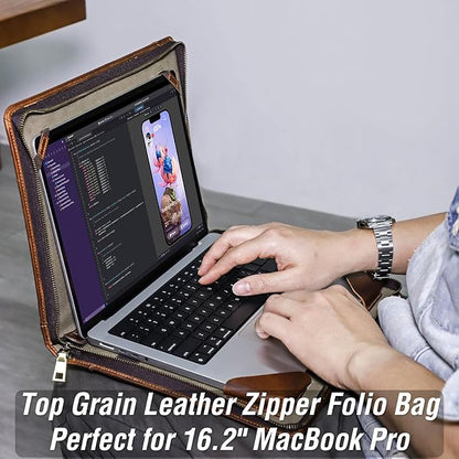 Top Grain Leather Text Custom Laptop Folio Case Protector, Vintage Open/Zipper Style, Fully Handmade, Compatible with MacBook Pro/Air 13.3"/14"/15"/16.2" & Other PC & Accessories