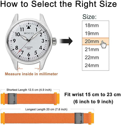 WOCCI 20mm Braided Nylon Watch Band for Men and Women, Quick Release, Black Stainless Steel Buckle (Orange)
