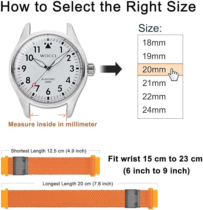 WOCCI 18mm Braided Nylon Watch Band for Men and Women, Quick Release, Black Stainless Steel Buckle (Orange)
