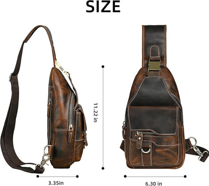 Thick Crazy horse Leather Triangle Crossbody Sling Chest Bag Travel One Shoulder Bag Daypack For Men Male 3028