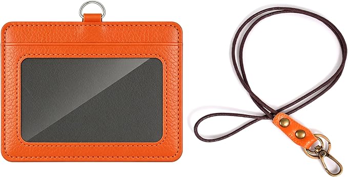 Leather ID Badge Holder with Lanyard for Women and Men, Horizontal ID Card Holder, 2 Card Slots, 22 Inch Neck Lanyard for Work, School, Office