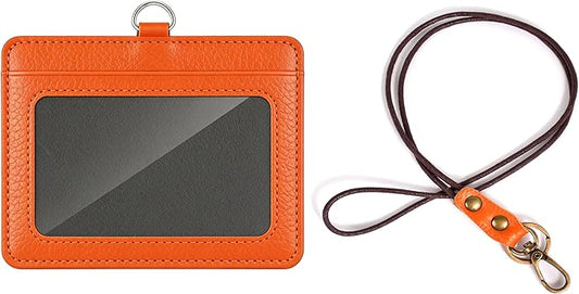 Leather ID Badge Holder with Lanyard for Women and Men, Horizontal ID Card Holder, 2 Card Slots, 22 Inch Neck Lanyard for Work, School, Office