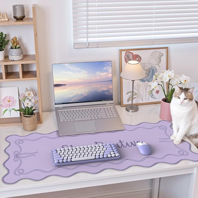 iCasso Purple Office Decor for Women, Scalloped Desk Cover Mat, Large Mouse Pad, Leather Waterproof Accessories Blotter, Non-Slip Mousepad for Organizer Office Dorm Supplies Teacher Girly