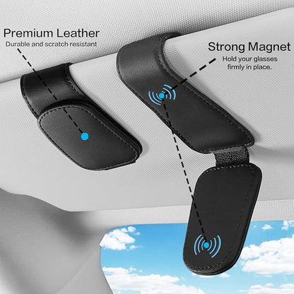 Sunglass Holder for Car Sun Visor, Magnetic Eyeglass Hanger Clip for Car Visor, Leather Car Glasses Mount, Car Interior Visor Accessories (Grey-1Pcs)