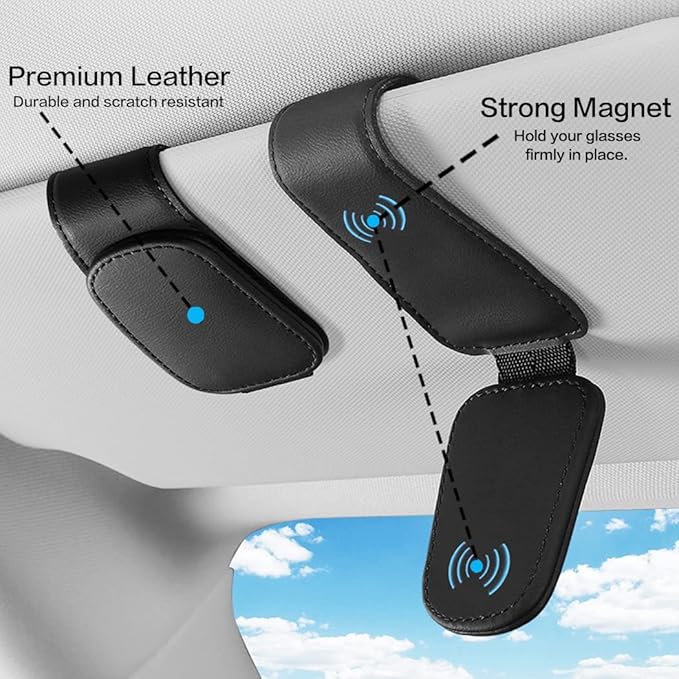 Sunglass Holder for Car Sun Visor, Magnetic Eyeglass Hanger Clip for Car Visor, Leather Car Glasses Mount, Car Interior Visor Accessories (Black-1Pcs)