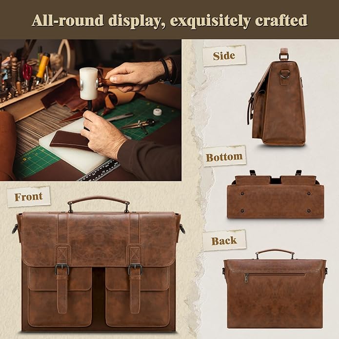 Leather Messenger Bag for Men 15.6 Inch Vintage Laptop Bag Waterproof Briefcases for Men Computer Bag Satchel for Work/Office