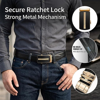 JINIU Men's Ratchet Belt Buckle, Black Genuine Leather Slide Belt for Men Dress Suit, Micro Adjustable Trim to Fit Boxed
