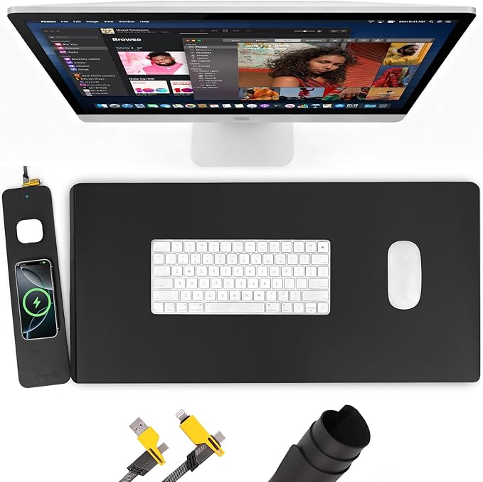 Wireless Charging Mouse Pad with 2nd Gen Tech, 3-in-1 25W Fast Charger, Microfiber Leather Desk Mat, Large Waterproof Desk Pad for Office & Gaming(Leather Adds Universal Charging Cable)