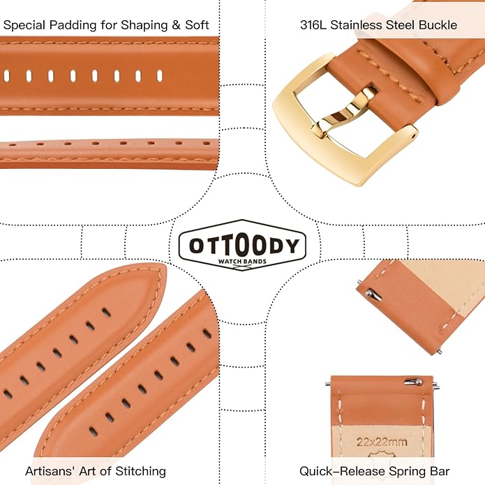 OTTOODY Leather Watch Bands Quick Release, Elegant Top Grain Leather Watch Straps for Men & Women, Choice of Color & Width - 18mm, 19mm, 20mm, 21mm or 22mm Wristbands Bracelet for Watch & Smartwatch