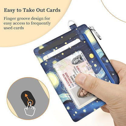 Hancynir Slim Wallet Women Credit Card Holder Black Cat Starry Night RFID Small Mini Card Case Front Pocket PU Leather Thin Travel Zipper Coin Cash ID Window Girls Wallet Gifts