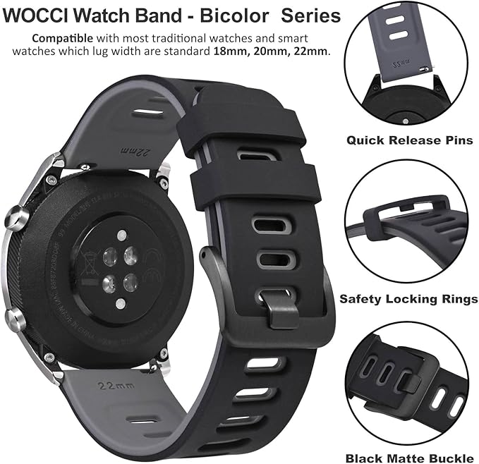 WOCCI 18mm Bicolor Watch Band, Silicone Rubber, Quick Release Replacement Strap for Men and Women, Black Stainless Steel Buckle (Black-Grey)