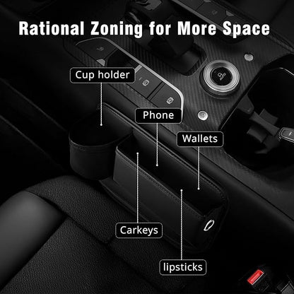 2 Pack Leather Car seat Gap Filler Organizers for Front Seat,Seat Gap Storage with Cup Holder and Storage Box for Phones,Keys,Glasses etc.Suitable for various car models (with cup holder)