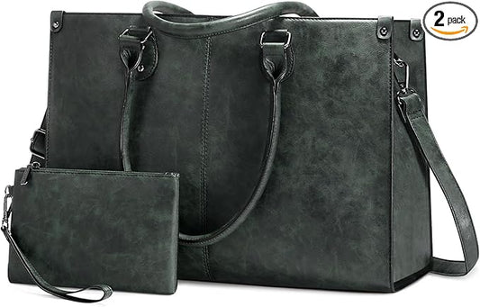 LOVEVOOK Laptop Tote Bag for Women, 15.6 Inch Large Capacity Vintage Leather Work Computer Bag, Business Casual Shoulder Handbag, Dark Green
