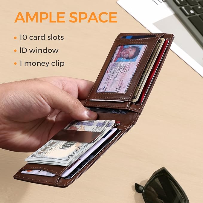 RUNBOX Slim Money Clip Wallets for Men RFID Blocking 11 Card Holder Minimalist Small Leather Bifold Men's Front Pocket Wallet Gift Box