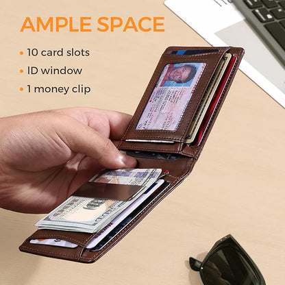 RUNBOX Slim Money Clip Wallets for Men RFID Blocking 11 Card Holder Minimalist Small Leather Bifold Men's Front Pocket Wallet Gift Box