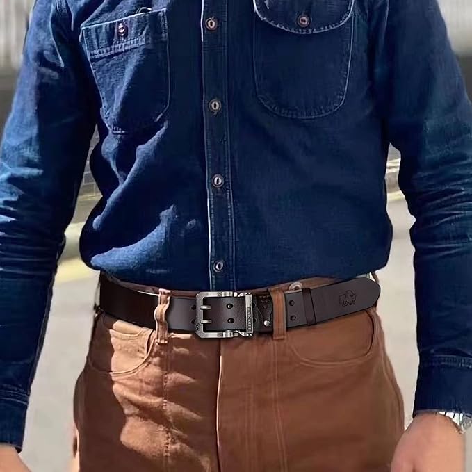 BISON DENIM Men's Belts Leather Dress Genuine Leather Classic Heavy Duty Buckle Belt Casual for Jeans
