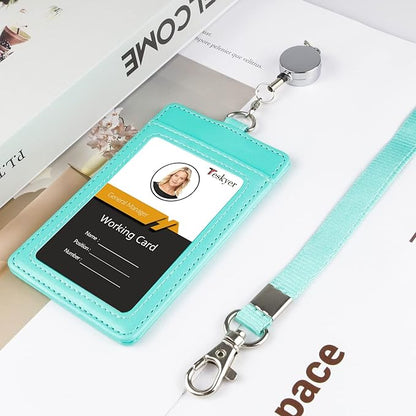 Teskyer Leather Badge Holder with Lanyard and Badge Reel, Retractable Lanyard ID Card Holder for Office School Name Work IDs, Green