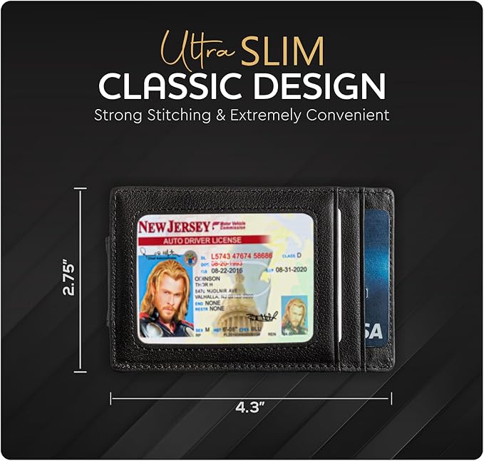 Claasico Men’s Leather Money Clip Wallet – Slim Front Pocket Wallet w/Super Strong Magnetic Clip, RFID Blocking, 5 Card Slots & Center Pocket + ID Window