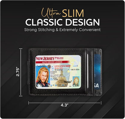 Claasico Men’s Leather Money Clip Wallet – Slim Front Pocket Wallet w/Super Strong Magnetic Clip, RFID Blocking, 5 Card Slots & Center Pocket + ID Window