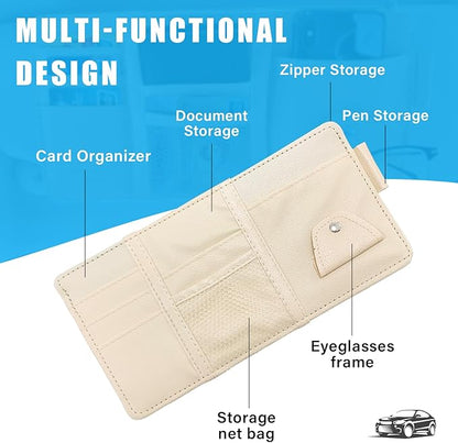 Augeny Car Sun Visor Organizer, Leather Personal Belonging Storage Pouch with Zipper, Car Visor Storage Pouch Sunglasses Holder, Auto Interior Accessories Pocket Organizers (Beige)