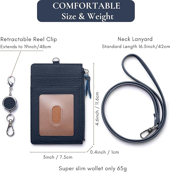 Leather Lanyard Wallet with ID Badge Holder, Minimalist Wallet for Women & Men, Women's ID Case with Zipper Pocket, Breakaway Lanyard & Retractable Reel Clip for Teacher Nurse Student (Dark Blue)
