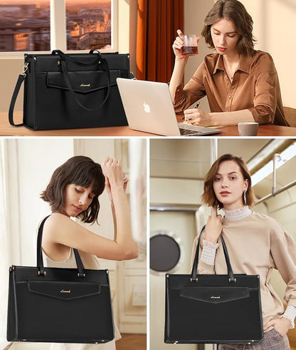LOVEVOOK Laptop Bag for Women, 17.3'' Laptop Tote Purse 2-in-1 Professional Work Bag Business Briefcase with Clutch Purse, Waterproof Leather Computer Handbag for Teacher Office Travel