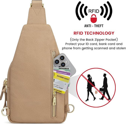 Kattee Small Sling Bag for Women, Leather Fanny Packs Crossbody Purse, Chest Bag for Travel with RFID Blocking, Tan