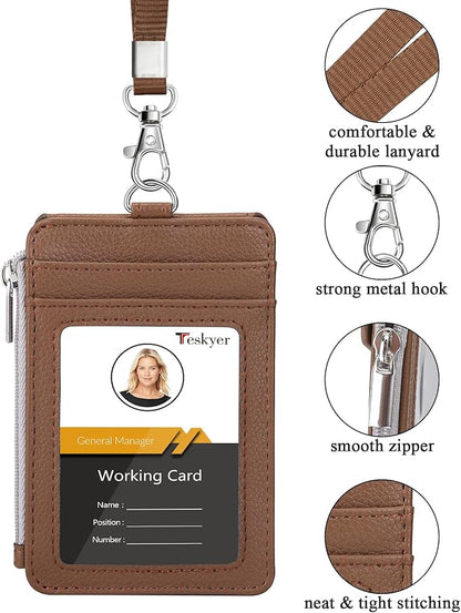 Teskyer Badge Holder with Side Zip Pocket, Multiple Card Slots Leather ID Holder Wallet with Neck Lanyard for Office Staffs, Teachers/Students, Workers, Cruise Cards, Bus/Metro Cards, Lichee Coffee