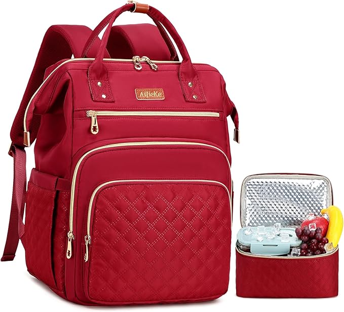 Lunch Backpack, 15.6 inch Laptop Backpack with Insulated Lunch Bag, Backpack Cooler for Women, Large Travel Backpack Lunch Box Compartment, Work Computer Backpack, Teacher College Book Bag, Red