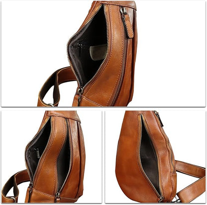 Genuine Leather Sling Bag for Men and Women Vintage Real Leather Crossbody Chest Bags Backpack Purse for Travel Hiking